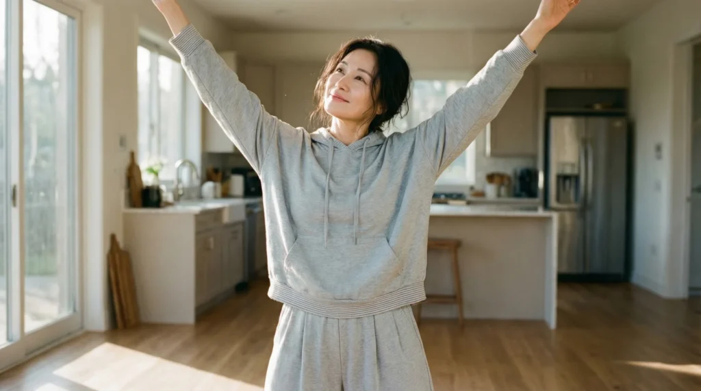 a woman in her 30s standing in a sunlit kitchen in the early morning